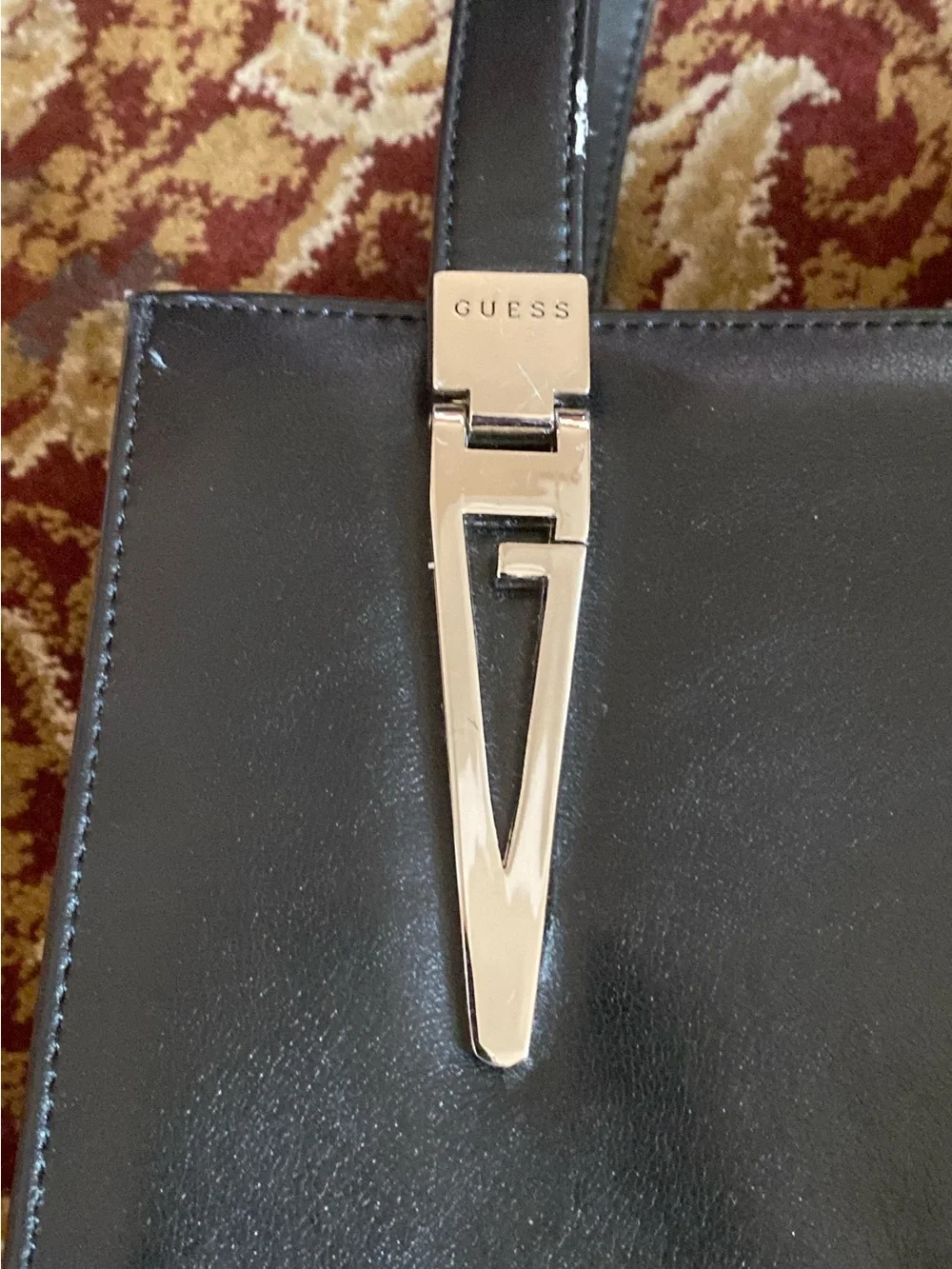 Guess Black Leather Messenger Tote with Silver Hardware